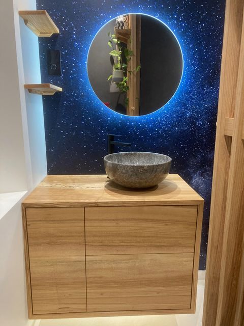 Spalted ash solid wood bathroom suite and slat
        screen