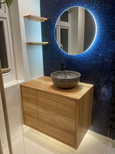 Spalted ash solid wood bathroom suite and slat screen