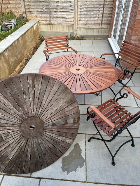 The new Sapele table top alongside the old weathered original