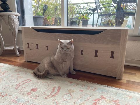 Whitewashed white-oak storage chest with charred handle
